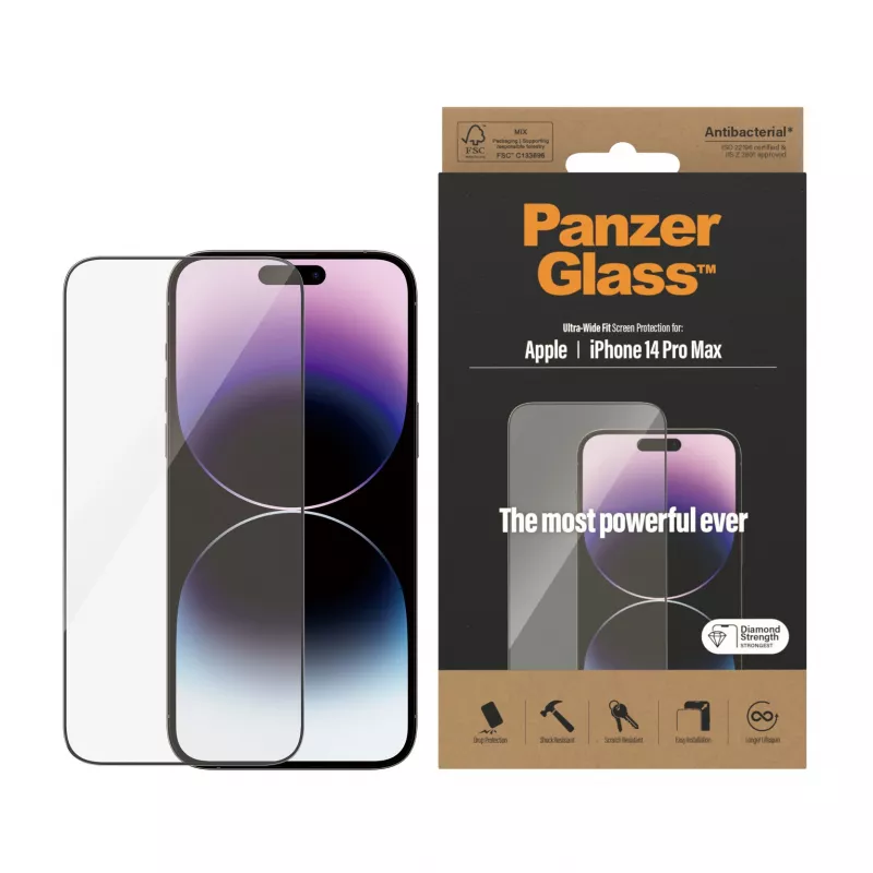 Apsauginis stiklas PanzerGlass Apple iPhone 14 Pro Max Ultra-Wide Fit, atsparus įbrėžimams ir smūgiams