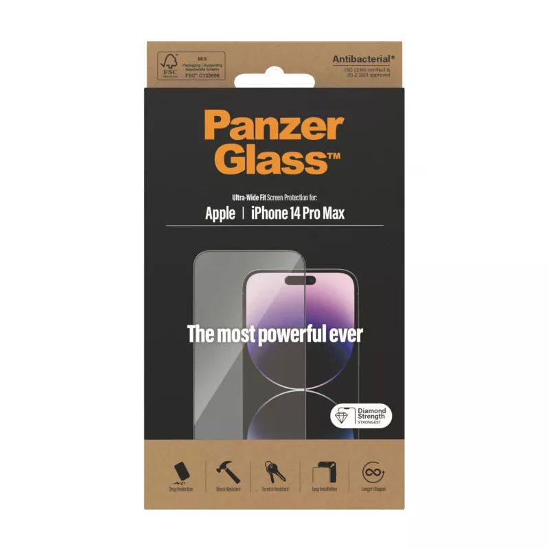 Apsauginis stiklas PanzerGlass Apple iPhone 14 Pro Max Ultra-Wide Fit, atsparus įbrėžimams ir smūgiams