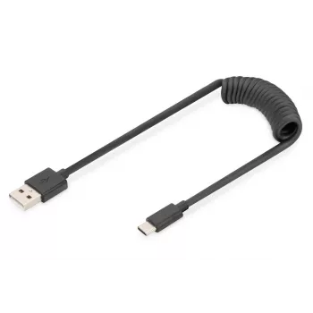 Digitus USB 2.0 USB A į USB C spiralinis laidas 1 m 0,48 Gbit/s juodas