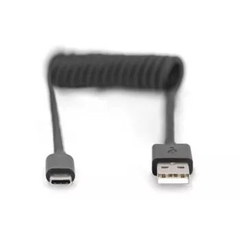 Digitus USB 2.0 USB A į USB C spiralinis laidas 1 m 0,48 Gbit/s juodas