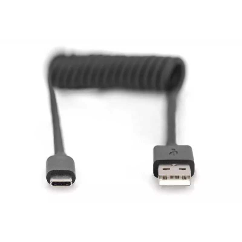 Digitus USB 2.0 USB A į USB C spiralinis laidas 1 m 0,48 Gbit/s juodas