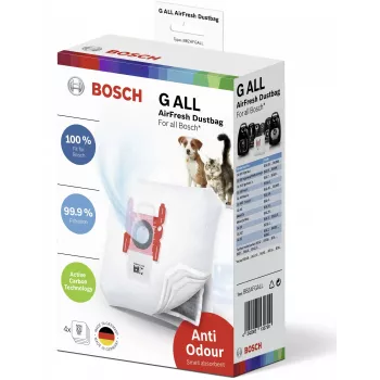Dulkių maišelis cilindriniam dulkių siurbliui Bosch BBZAFGALL – 4 vnt., baltas, 240×75×165 mm, 100 g