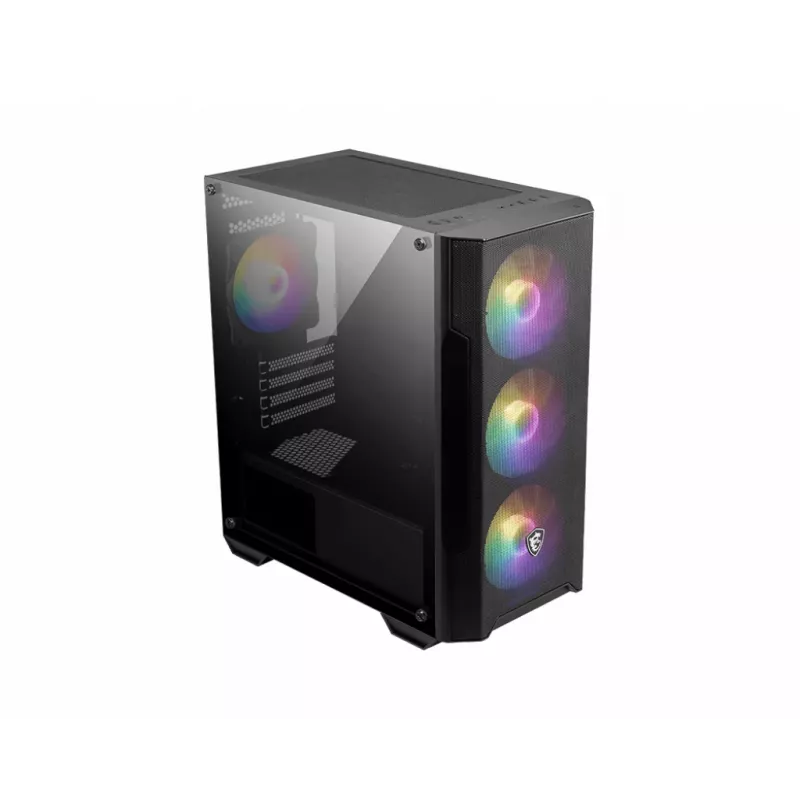 PC korpusas MSI MAG FORGE M100A Micro Tower juodas su grūdintu stiklu, 3x120mm priekiniai ventiliatoriai, RGB, microATX/Mini‑ITX