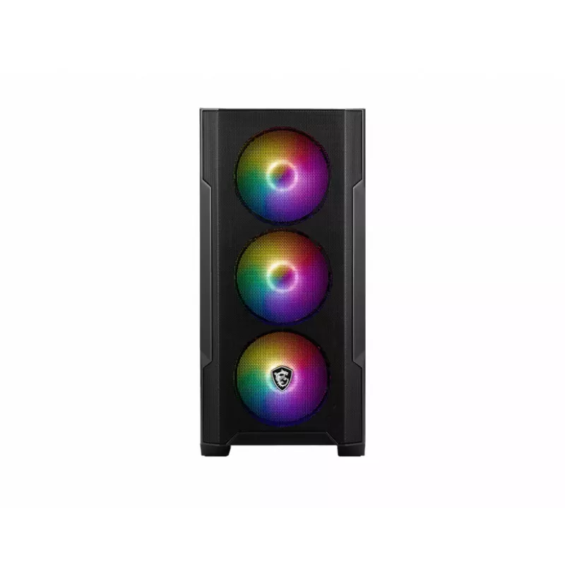PC korpusas MSI MAG FORGE M100A Micro Tower juodas su grūdintu stiklu, 3x120mm priekiniai ventiliatoriai, RGB, microATX/Mini‑ITX