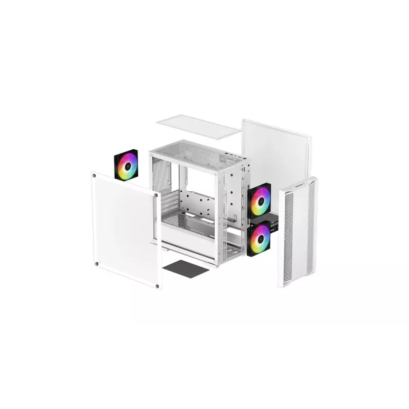 PC korpusas DeepCool CC360 WH ARGB Mini Tower Baltas — Micro-ATX/Mini-ITX, grūdintas stiklas, 2x 3.5 colio + 3x 2.5 colio, 2x priekiniai 120 mm ventiliatoriai
