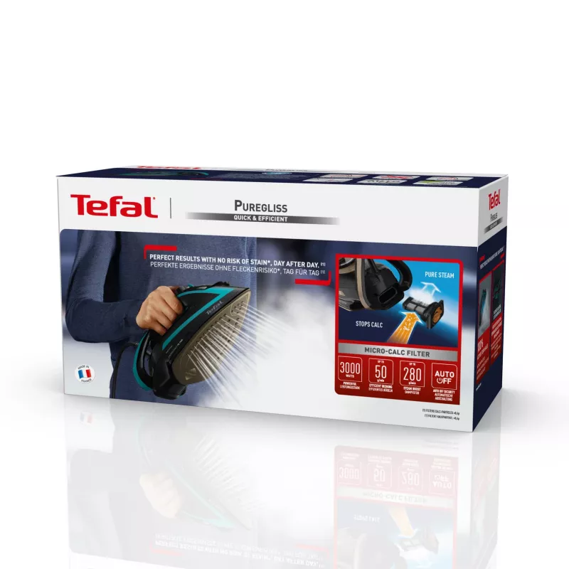 Lyginimo lygintuvas Tefal Puregliss FV8066 su Durilium AirGlide Autoclean padu, 3000 W, juodas, mėlynas