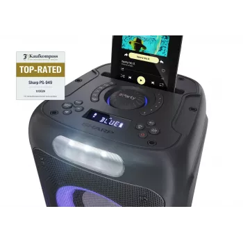 Nešiojama bluetooth kolonėlė Sharp PS-949 — 2.1 kanalai, 132 W PMPO, 8 colų žemų dažnių garsiakalbis, Bluetooth A2DP/AVRCP, laidinis ir belaidis, juoda, plastikinis korpusas