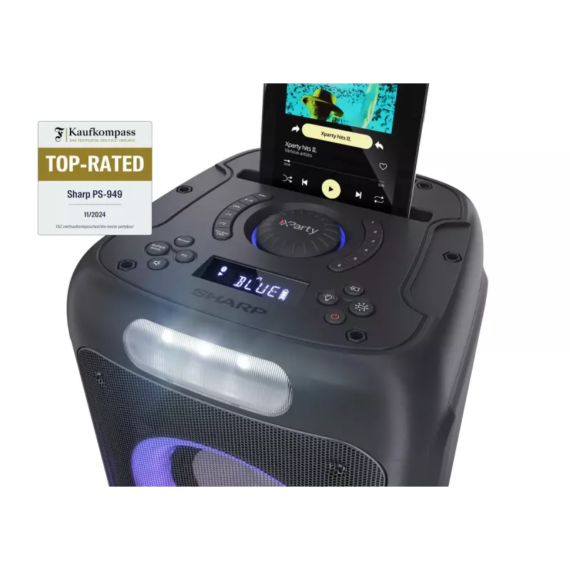 Nešiojama bluetooth kolonėlė Sharp PS-949 — 2.1 kanalai, 132 W PMPO, 8 colų žemų dažnių garsiakalbis, Bluetooth A2DP/AVRCP, laidinis ir belaidis, juoda, plastikinis korpusas