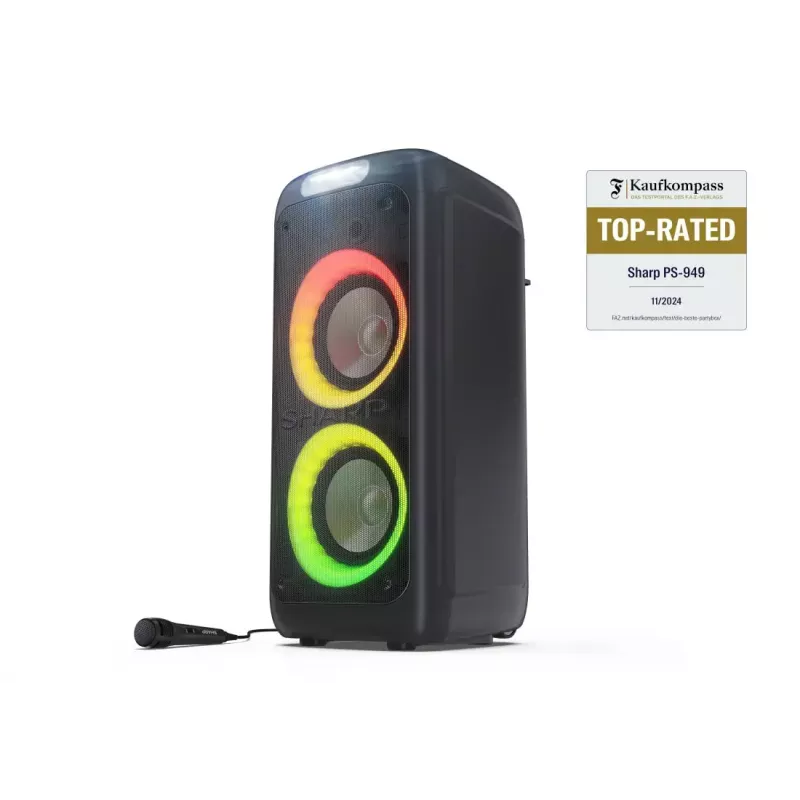 Nešiojama bluetooth kolonėlė Sharp PS-949 — 2.1 kanalai, 132 W PMPO, 8 colų žemų dažnių garsiakalbis, Bluetooth A2DP/AVRCP, laidinis ir belaidis, juoda, plastikinis korpusas