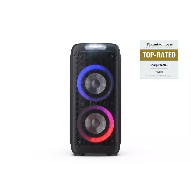 Nešiojama bluetooth kolonėlė Sharp PS-949 — 2.1 kanalai, 132 W PMPO, 8 colų žemų dažnių garsiakalbis, Bluetooth A2DP/AVRCP, laidinis ir belaidis, juoda, plastikinis korpusas