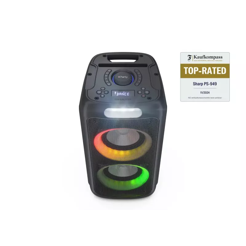 Nešiojama bluetooth kolonėlė Sharp PS-949 — 2.1 kanalai, 132 W PMPO, 8 colų žemų dažnių garsiakalbis, Bluetooth A2DP/AVRCP, laidinis ir belaidis, juoda, plastikinis korpusas