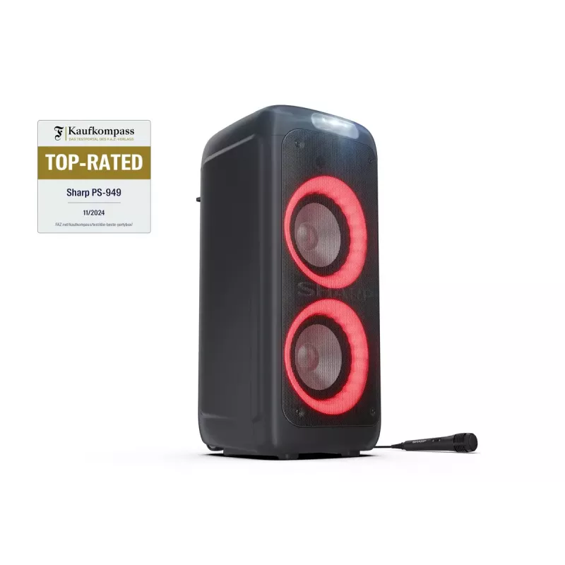 Nešiojama bluetooth kolonėlė Sharp PS-949 — 2.1 kanalai, 132 W PMPO, 8 colų žemų dažnių garsiakalbis, Bluetooth A2DP/AVRCP, laidinis ir belaidis, juoda, plastikinis korpusas