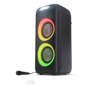 Nešiojama bluetooth kolonėlė Sharp PS-949 — 2.1 kanalai, 132 W PMPO, 8 colų žemų dažnių garsiakalbis, Bluetooth A2DP/AVRCP, laidinis ir belaidis, juoda, plastikinis korpusas
