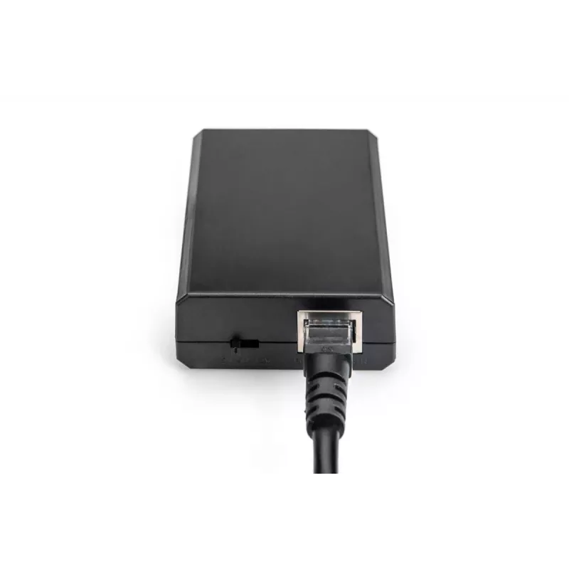 DIGITUS Gigabit PoE+ skirstytuvas, 10/100/1000 Mbps, 24W Įėjimas: 802.3at PoE, Išėjimas: 5V/2A, 9V/2A, 12V/2A, plastikinis korpusas, juodas