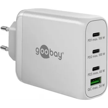 Goobay 65556 Vidinis USB-C greitasis įkroviklis nešiojamam kompiuteriui ir išmaniajam telefonui, 100 W, 3×USB-C, baltas