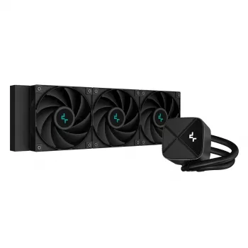 Vandens aušintuvas DeepCool LS720S Zero Dark — 3×120 mm ventiliatoriai, 360 mm radiatorius, 41 cm vamzdeliai, 6 W siurblys, LGA1151/AM4/AM5 palaikymas, juodas