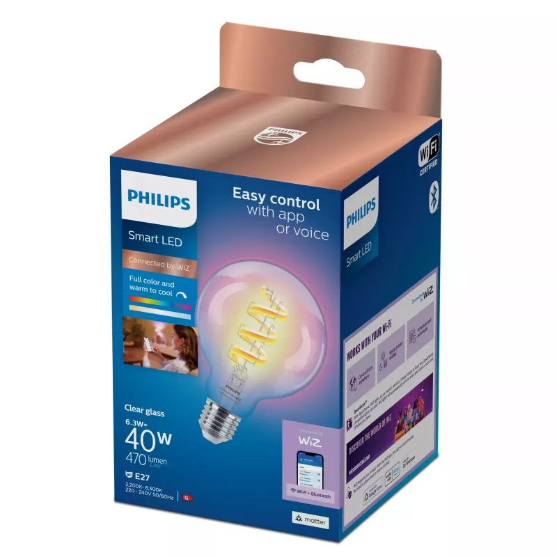 Philips Filament Clear 40 W G95 E27 išmanioji lemputė, Wi-Fi / Bluetooth, skaidri, LED