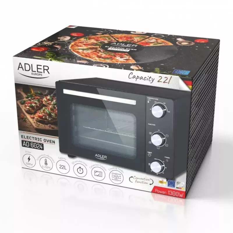 Elektrinė stalviršinė orkaitė Adler AD 6024 – kompaktiška, 22 l, 1300 W, juoda