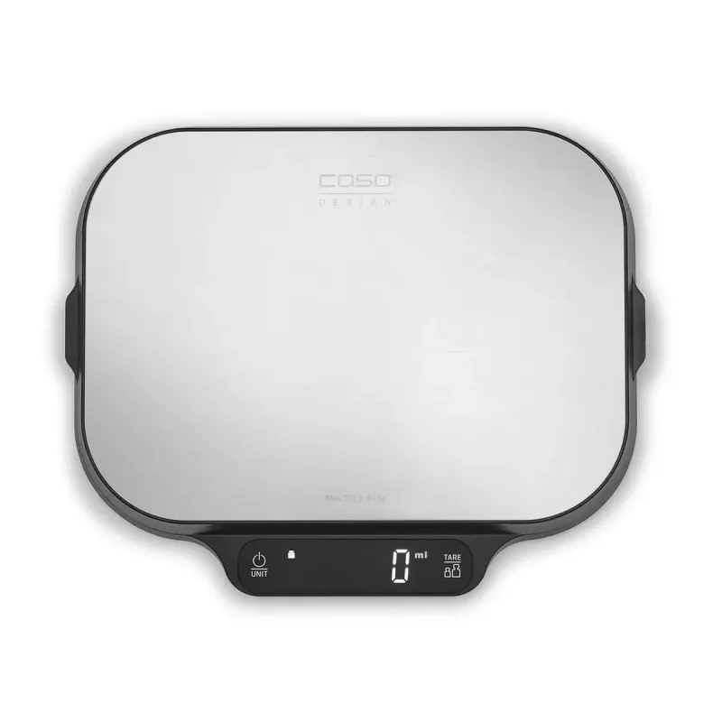 Virtuvinės svarstyklės CASO KitchenDuo 03291 – skaitmeninės, nerūdijančio plieno ir juodos spalvos, LED ekranas, 5 kg talpa, taros funkcija