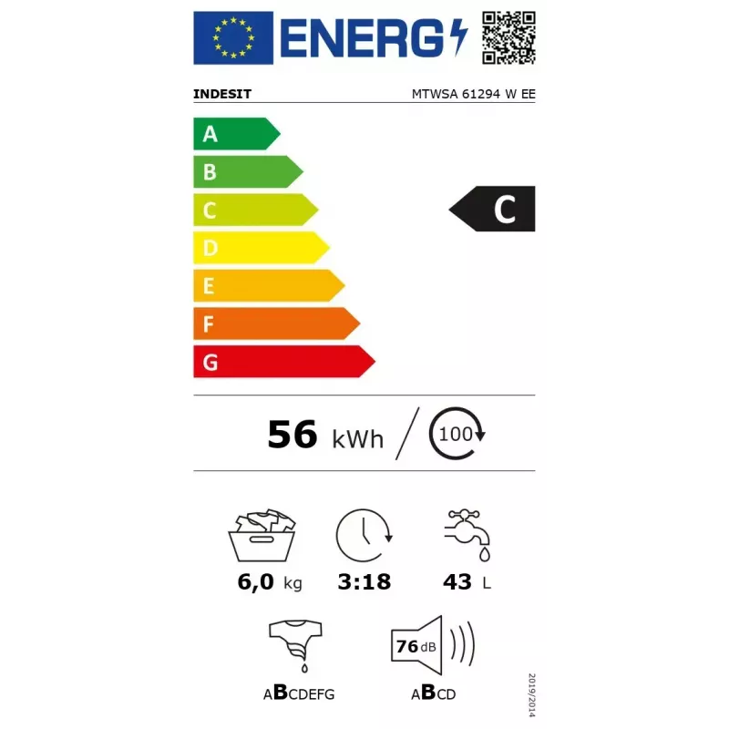 Priekinio pakrovimo skalbimo mašina INDESIT MTWSA 61294 W EE, 6 kg, inverter variklis, energijos klasė C