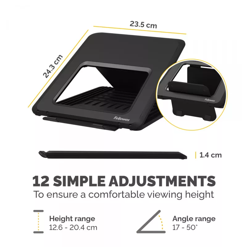 Fellowes Breyta reguliuojamas stovas nešiojamam kompiuteriui, 12 aukščio padėčių, iki 14 colių, 4 kg, juodas