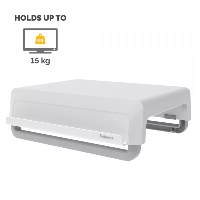 Fellowes Breyta monitorio stovas su 3 aukščio reguliavimais – ergonomiškas reguliuojamas stovas kompiuteriui, kabelių tvarkymas, maks. svoris 15 kg, baltas