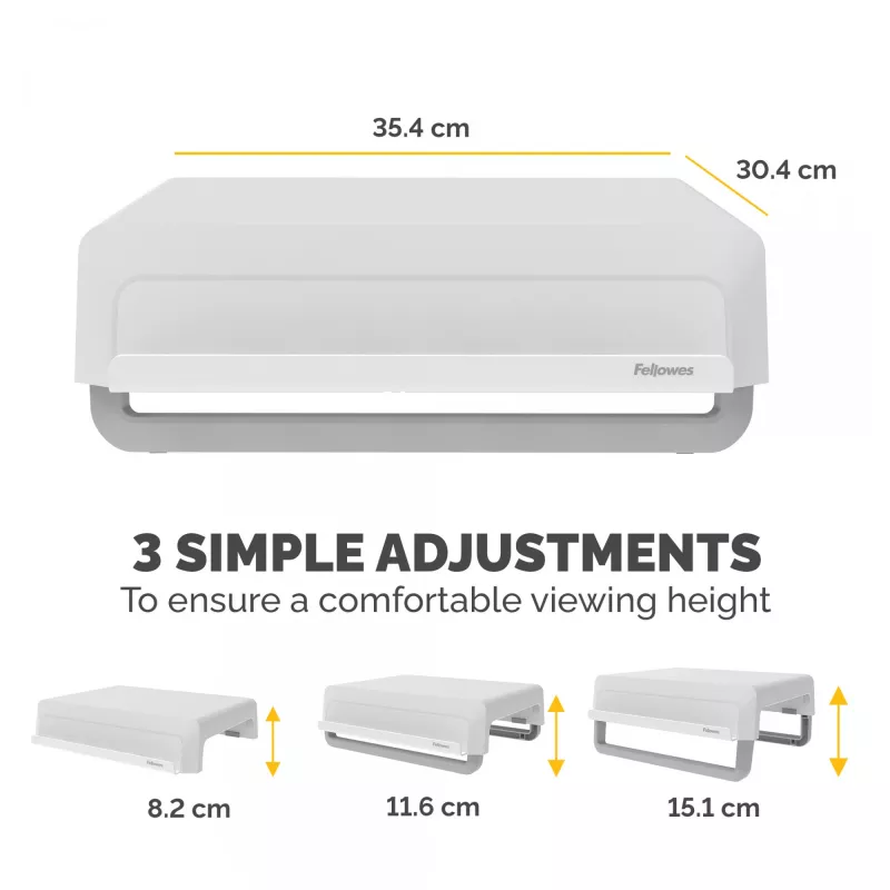 Fellowes Breyta monitorio stovas su 3 aukščio reguliavimais – ergonomiškas reguliuojamas stovas kompiuteriui, kabelių tvarkymas, maks. svoris 15 kg, baltas