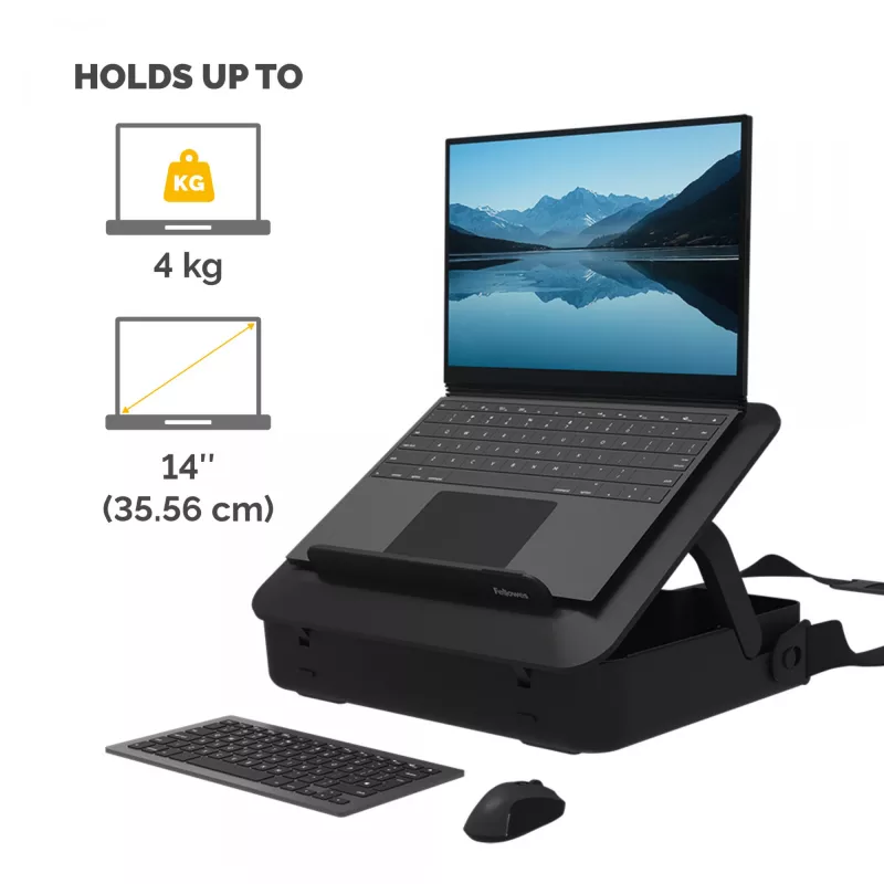 Fellowes Breyta užrakinamas dėklas nešiojamam kompiuteriui su įmontuotu stovu, iki 14 colių/4 kg, juodas