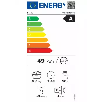 Skalbimo mašina Bosch WGG244ZMSN, priekinė pakrova 9 kg, energijos klasė A