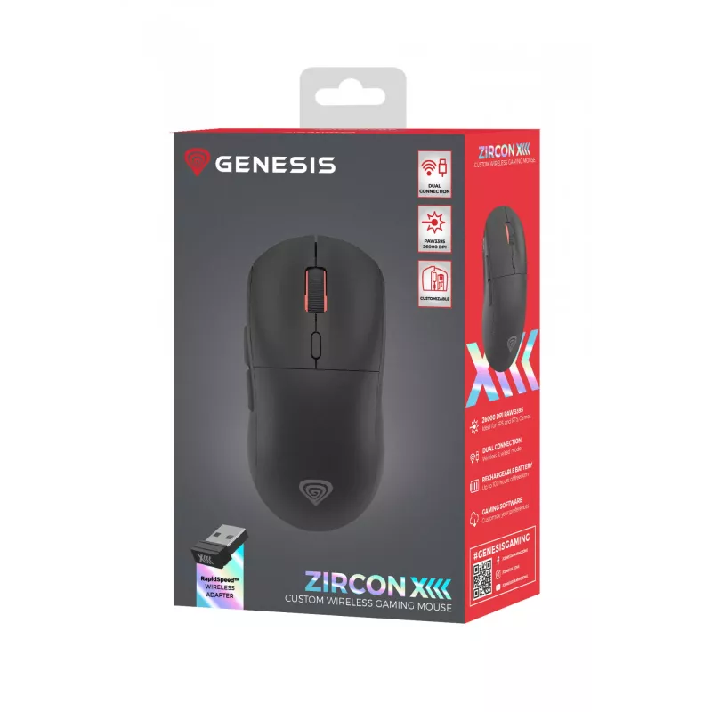 GENESIS Zircon XIII pelė žaidimams Ambidextrinė RF belaidė + USB Type-C optinė 26000 DPI