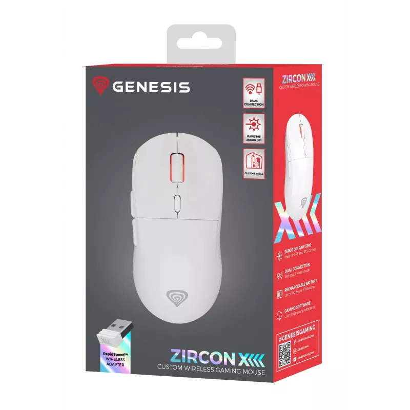 GENESIS Zircon XIII pelė žaidimams Ambidextrinė RF Belaidė + USB Type-C Optinė 26000 DPI