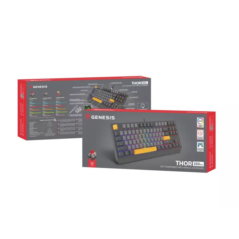 GENESIS Thor 230 TKL klaviatūra žaidimams USB + RF belaidis + Bluetooth QWERTY juoda, pilka, oranžinė