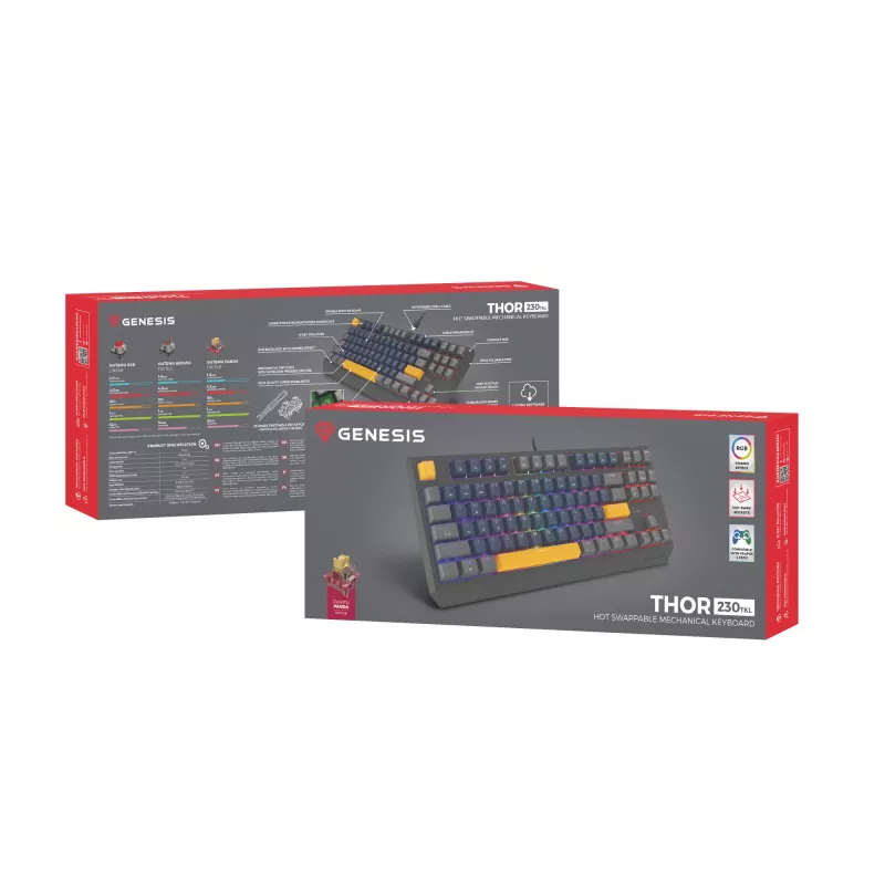 GENESIS THOR 230 TKL klaviatūra žaidimams USB + RF belaidė + Bluetooth QWERTY Juoda, Mėlyna, Pilka, Oranžinė
