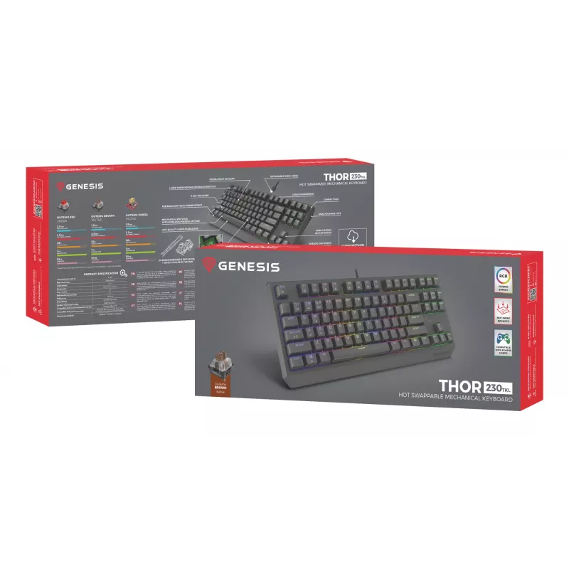 Mechaninė žaidimų klaviatūra Genesis Thor 230 TKL – be skaičių bloko, US QWERTY, Outemu Brown jungikliai, RGB, 1000 Hz, USB