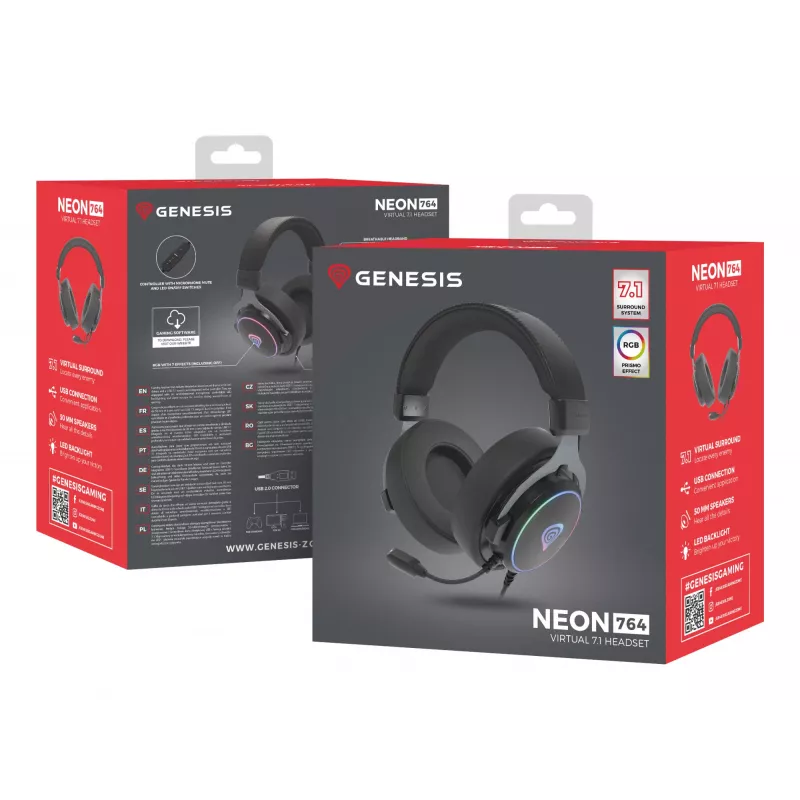 Ausinės GENESIS Neon 764, laidinės, žaidimams, USB-A, juodos