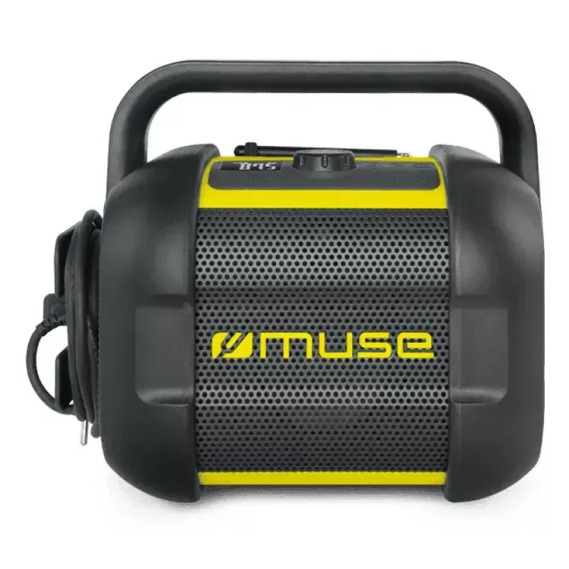 Statybinis radijas Muse M-968 BTY – analoginis FM, 40 W RMS, Bluetooth 10 m, dulkėms ir smūgiams atsparus, juodai geltonas