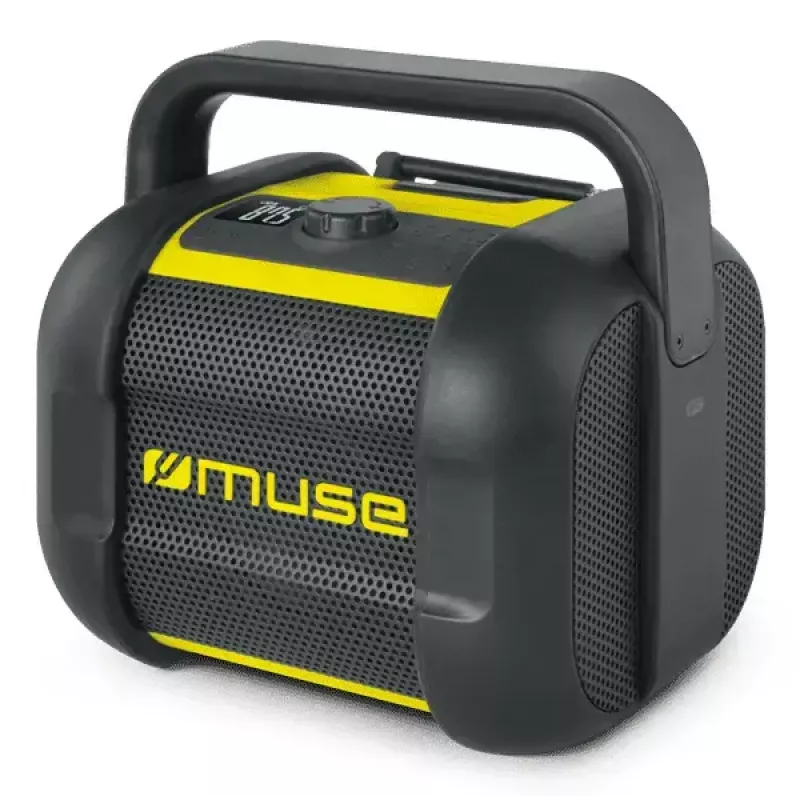 Statybinis radijas Muse M-968 BTY – analoginis FM, 40 W RMS, Bluetooth 10 m, dulkėms ir smūgiams atsparus, juodai geltonas