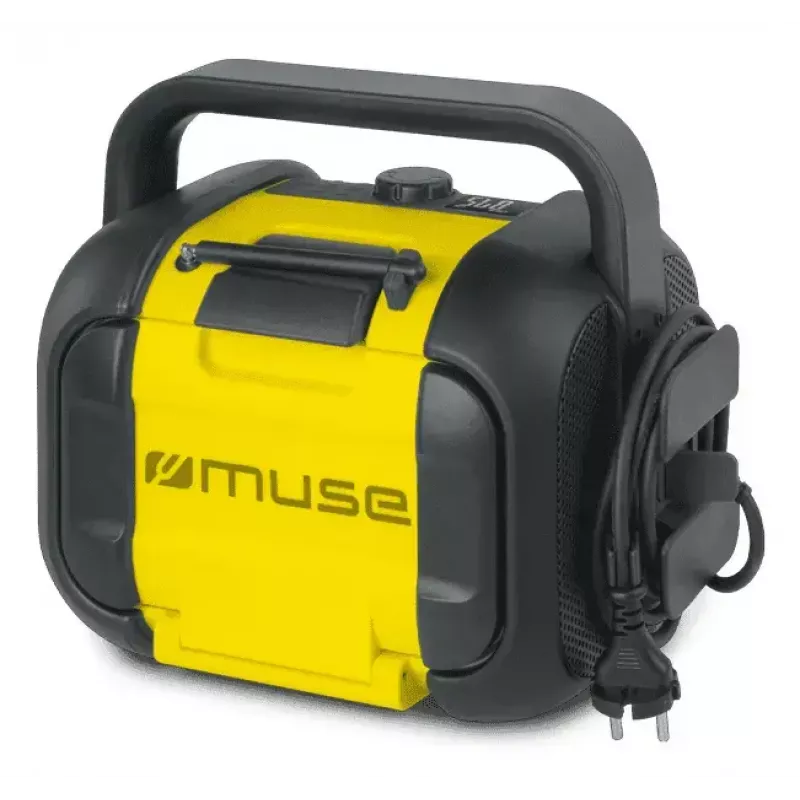 Statybinis radijas Muse M-968 BTY – analoginis FM, 40 W RMS, Bluetooth 10 m, dulkėms ir smūgiams atsparus, juodai geltonas