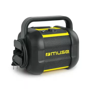 Statybinis radijas Muse M-968 BTY – analoginis FM, 40 W RMS, Bluetooth 10 m, dulkėms ir smūgiams atsparus, juodai geltonas