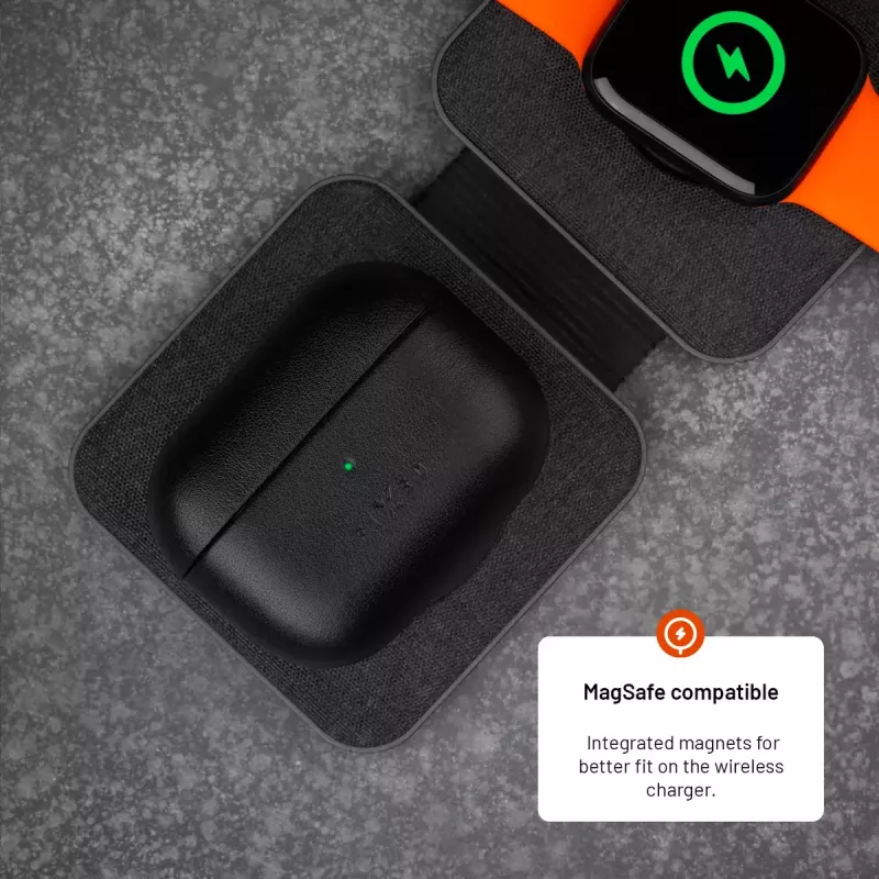 Apsauginis odinis dėklas FIXED FIXLPM-999-BK ausinukų dėžutei su MagSafe palaikymu, juodas