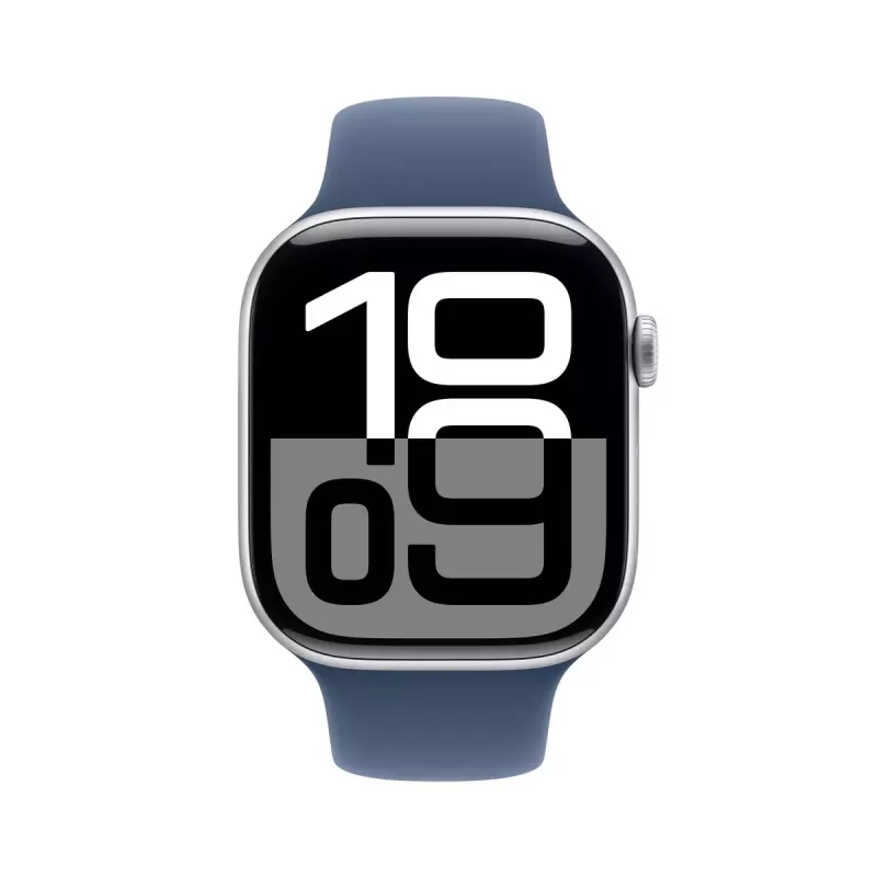 Apple Watch Series 10 GPS 46mm sidabrinis aliuminio korpusas su denimo sportine juostele (M/L)