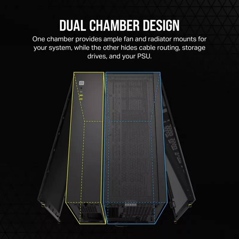 Kompiterio korpusas CORSAIR 2500D AIRFLOW Midi Tower juodas – ATX/Micro ATX, priekyje 280 mm radiatorius, USB-A x2, USB-C x1