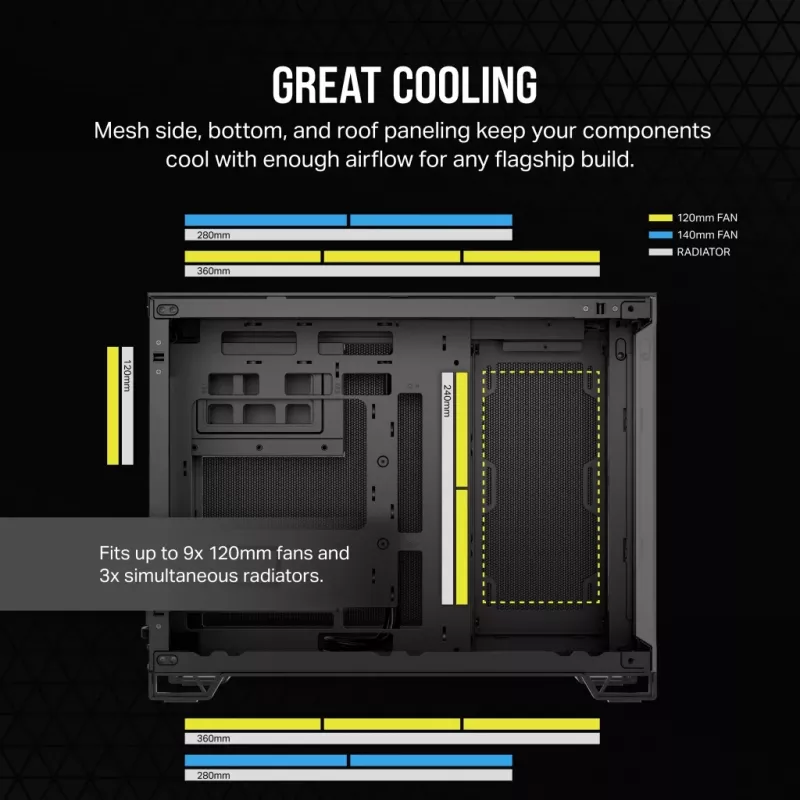 Kompiterio korpusas CORSAIR 2500D AIRFLOW Midi Tower juodas – ATX/Micro ATX, priekyje 280 mm radiatorius, USB-A x2, USB-C x1