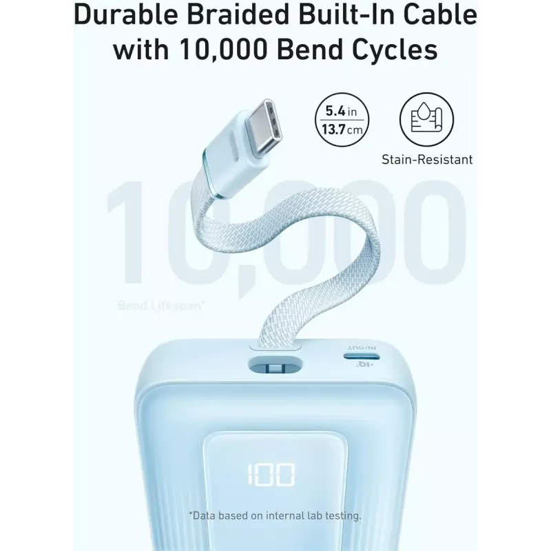 Anker Zolo 10000mAh nešiojama baterija, 30W ultra greitas įkrovimas, integruotas USB-C laidas, juoda