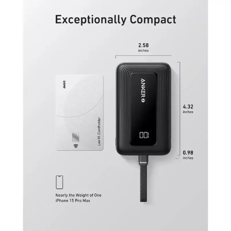 Anker Zolo 10000mAh nešiojama baterija, 30W ultra greitas įkrovimas, integruotas USB-C laidas, juoda