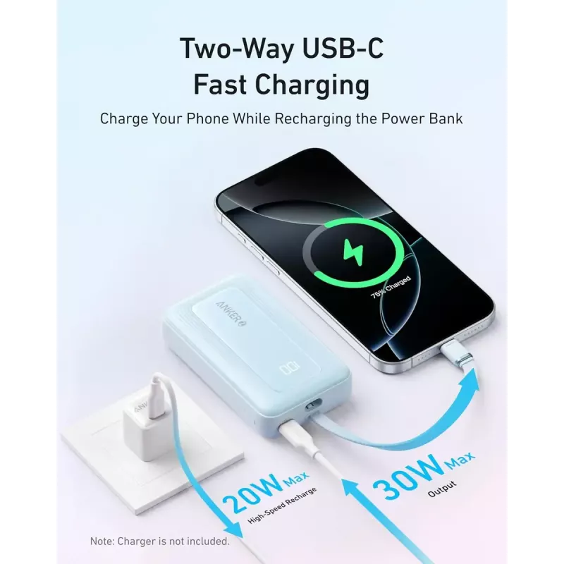 Anker Zolo 10000mAh nešiojama baterija, 30W ultra greitas įkrovimas, integruotas USB-C laidas, juoda