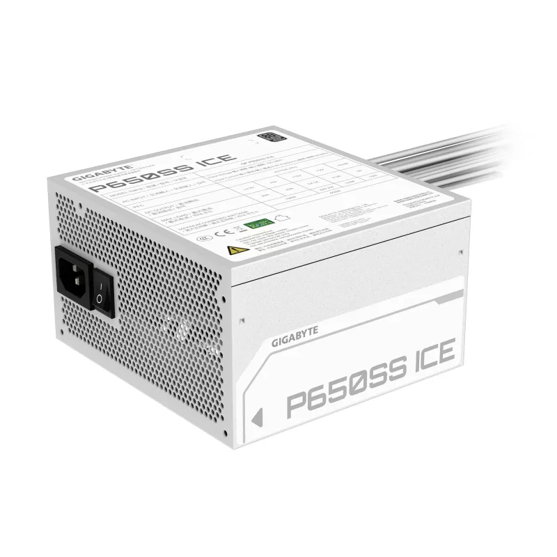 GIGABYTE P650SS ICE 650W maitinimo blokas – PCIe 5.0, 80 PLUS Silver, 120 mm ventiliatorius, ATX 3.0, baltas
