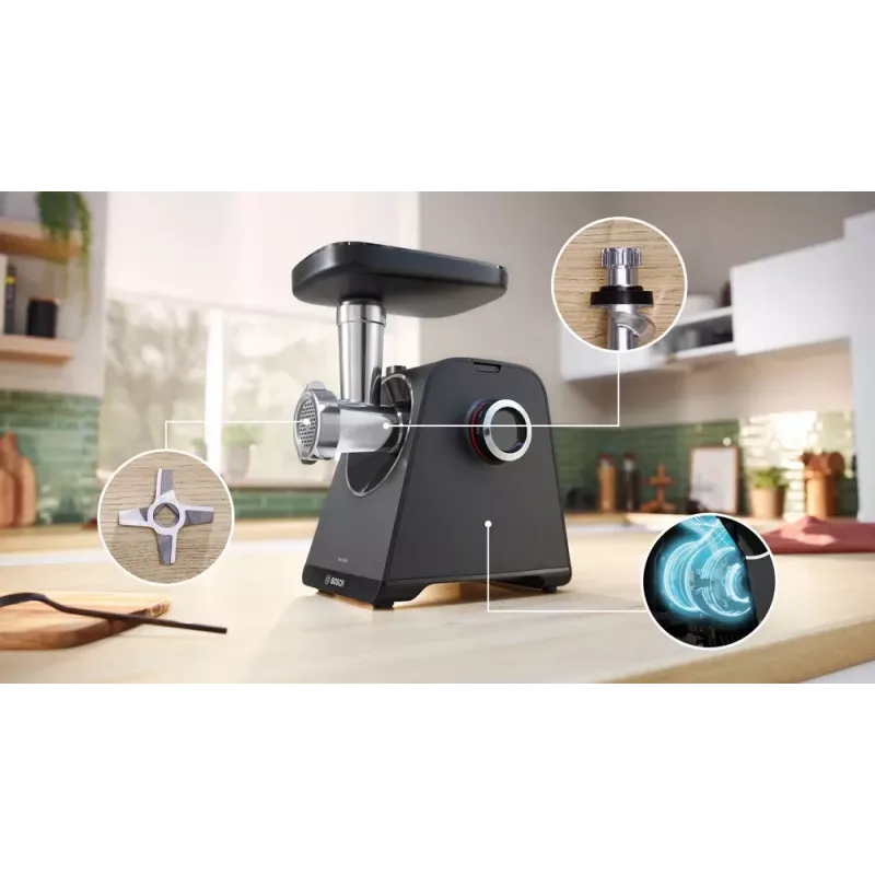 Mėsmalė Bosch MFWS430B – 1900 W, 2 greičiai, 2,5 kg/min, juoda/sidabrinė, 4,3 kg