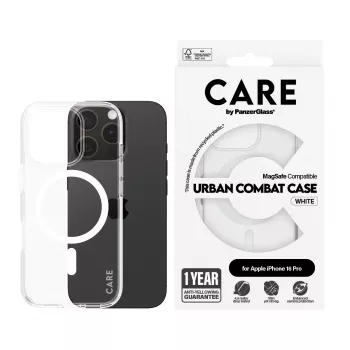 PanzerGlass CARE™ Urban Combat dėklas permatomas su balta MagSafe iPhone 16 Pro