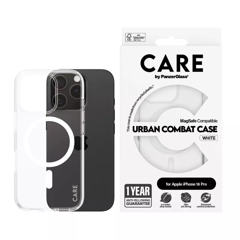 PanzerGlass CARE™ Urban Combat dėklas permatomas su balta MagSafe iPhone 16 Pro